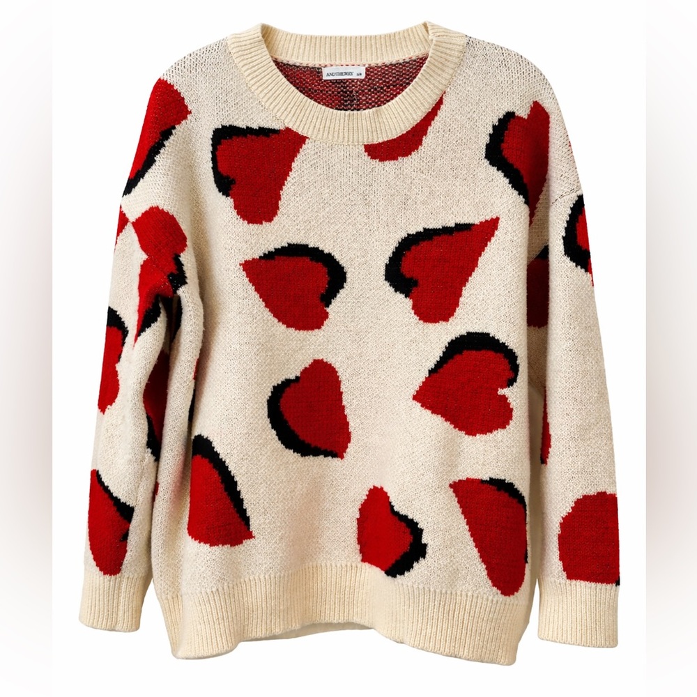Heart Print Knit Sweater Cozy Valentine Cream Red Oversized S/M